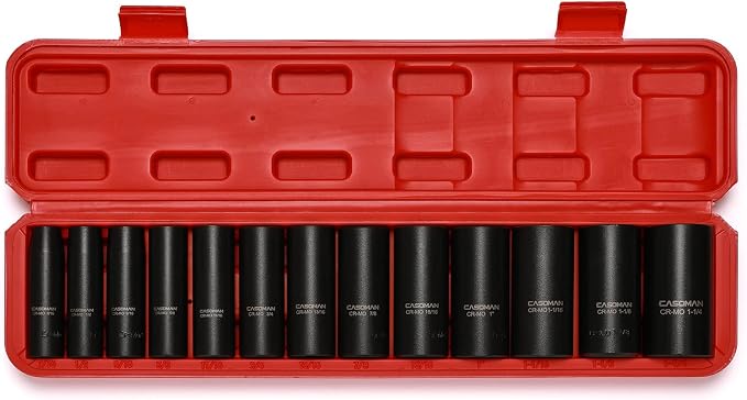 CASOMAN 1/2-Inch Drive Deep Impact Socket Set, 13 Pieces Set, 7/16"-1-1/4", CR-MO, SAE, Heavy Duty Storage Case