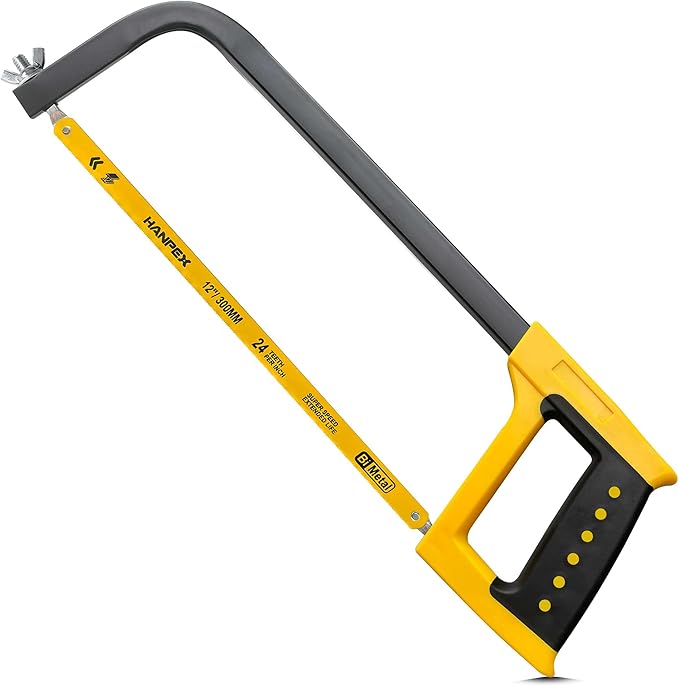 Hanpex 12inch High-Tension Hacksaw Frame with 24 TPI Bi-metal Blade, Hand Saw Suitable for Metal, wood, PVC, Carpentry