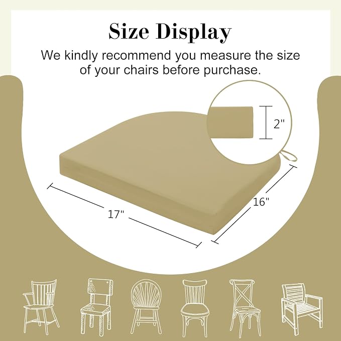 Cozyide Outdoor Chair Cushions, Waterproof Patio Seat Cushions with Adjustable Straps, Round Corner Patio Chair Cushions for Garden, Khaki, 17x16x2 Inch (Pack of 2)