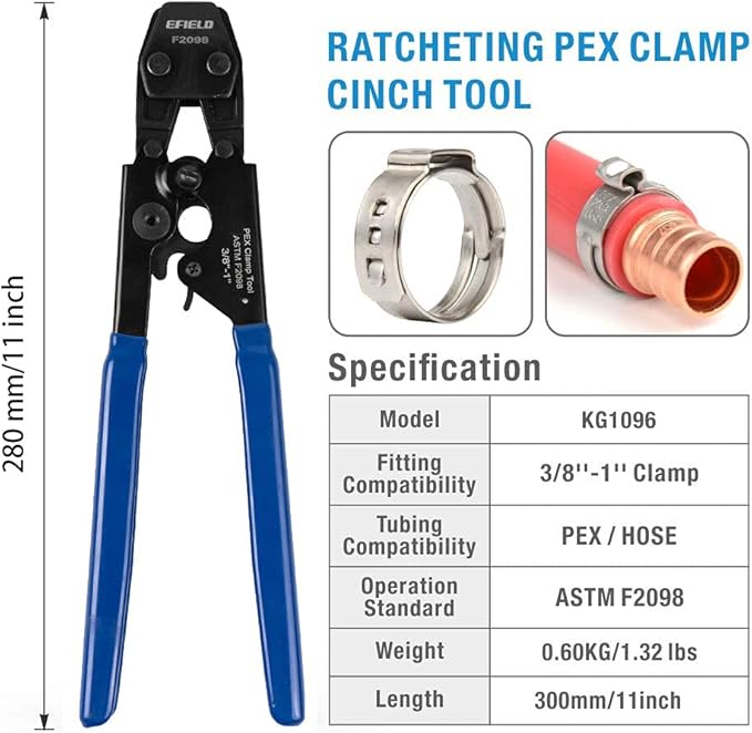 EFIELD Pex Crimp Clamp Cinch Tool for 3/8" with Go/No-Go Gauge - 1"Stainless Steel Clamps meet ASTM F2098 Standard with Metal Pex Pipe Cutter,(TOOL002)