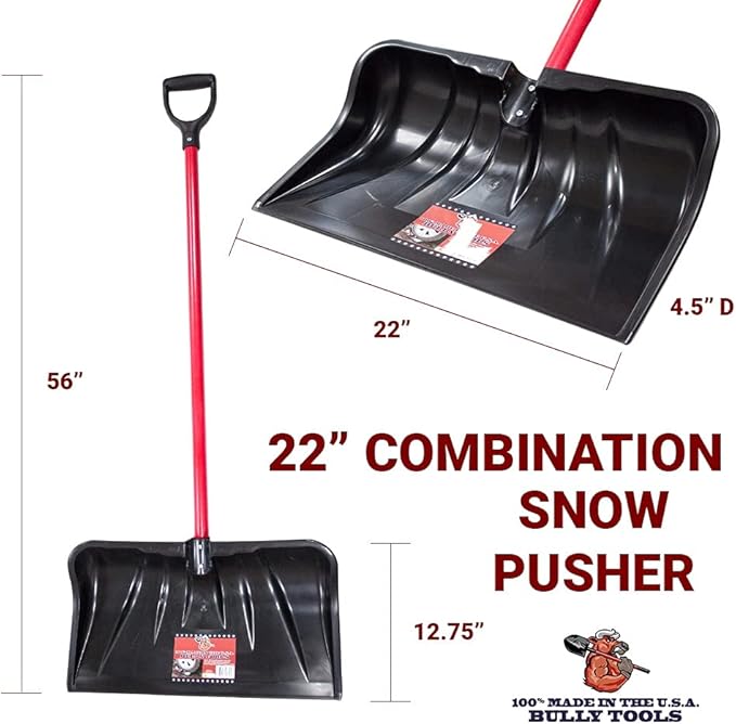 Bully Tools Snow Shovel with Fiberglass D-Grip – Heavy Duty Wide Scoop and Push Shovel for Driveway, High Strength Steel Tool for Snow Removal with Sharp Edge, Sturdy Ergonomic D-Shape Handle - 22inch