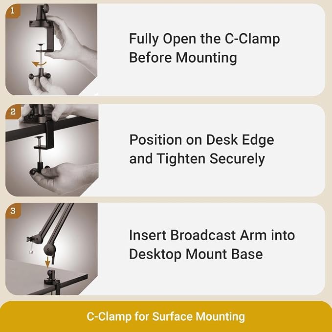 Two-Section Broadcast Microphone Boom Arm with Internal Springs Integrated XLR Cable, 40" Reach Desk Clamp, 360° Rotation, C-Clamp Mount and 14" Riser for Podcast Streaming Recording