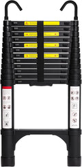 BOCOM 12.5 FT Aluminum Telescoping Ladder with Hooks, Lightweight Multi-Purpose Collapsible Extension with 2 Triangle Stabilizers, Heavy Duty 330 lbs Max Capacity for Home, RV, and Outdoor Work Black