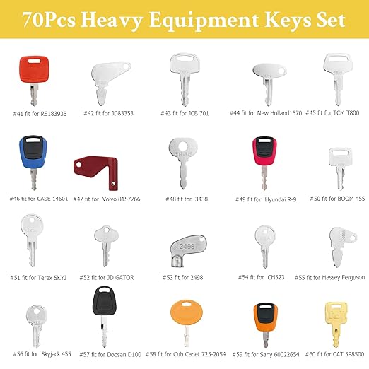 70 Heavy Equipment Keys Master Set, Machine Keys for Cat Caterpillar John Deere Komatsu Volvo Bobcat Kubota JCB Sany Terex Case Hyster Yanmar Takeuchi New Holland Construction Equipment Machinery