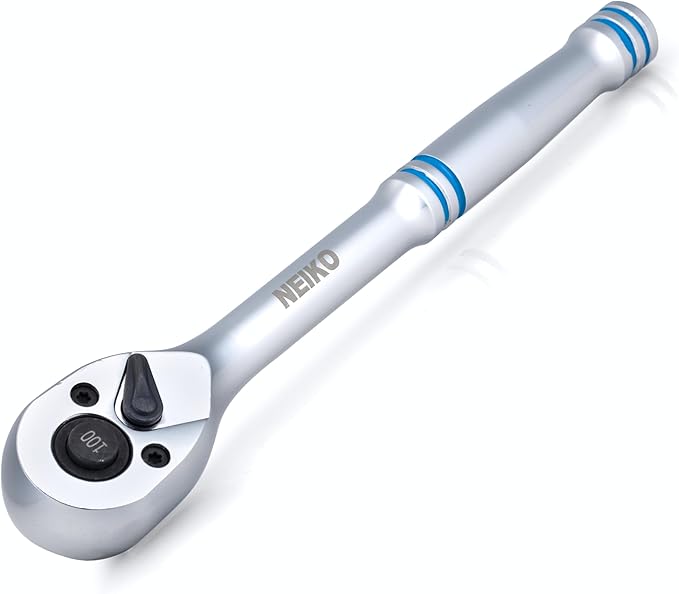 NEIKO 3/8 Inch Ratchet Wrench, 100-Tooth Reversible, 3.6 Degree Swing, Quick Release, 8" Long Handle, Silver Chrome Vanadium Steel