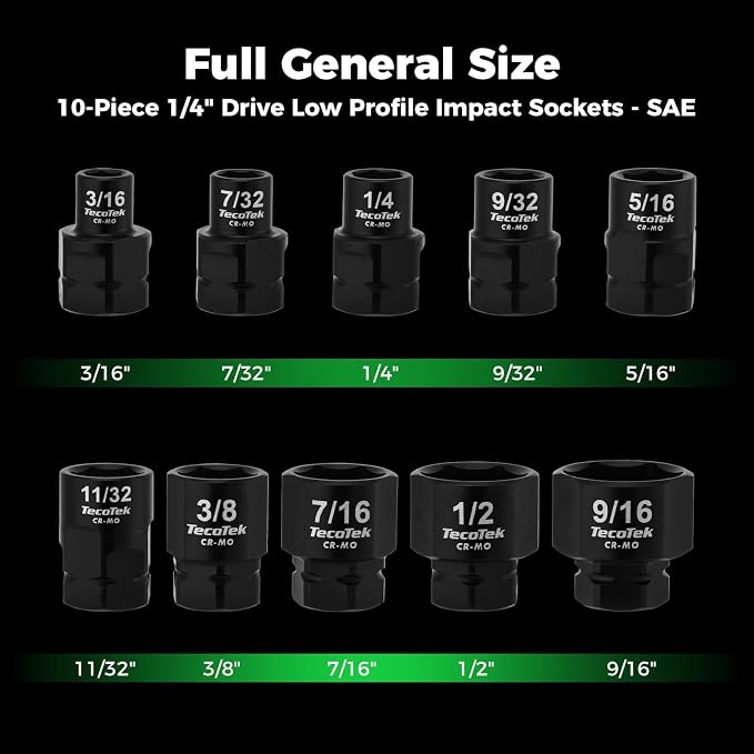 TecoTek 10-Piece 1/4-Inch Drive SAE Low Profile Impact Socket Set, Stubby Socket Set, 3/16" to 9/16", 6 Point, Cr-Mo, Shorter Socket for Tight Areas