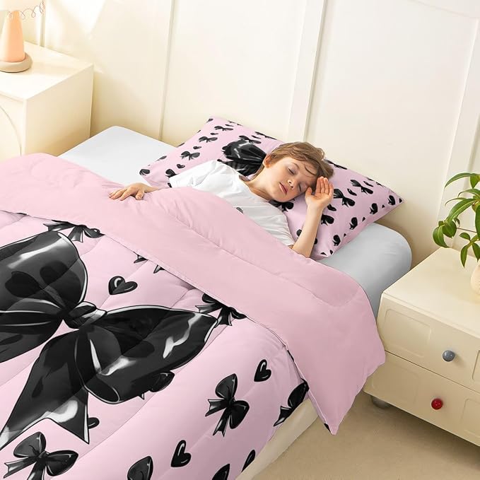 Feelyou Cute Pink Bow Comforter Set All Season Girly Bow Bedding Set with 1 Pillow Cases Love Hearts Bowknot Microfiber Kids Toddler Bedclothes Bedroom Decor Duvet Quilt Breathable Soft Lightweight