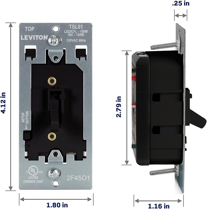 Leviton Toggle Slide LED Advanced Dimmer Switch for 150W Dimmable LED, Halogen and Incandescent Bulbs and Fixtures, TSL01-10E, Black