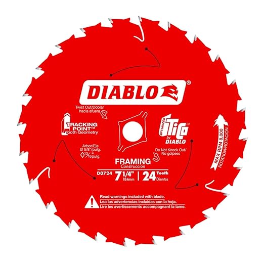 Diablo Framing Saw Blade for Wood - 7-1/4" Diameter, 24 ATB Teeth, 5/8" Arbor, .059" Kerf, 15° Hook Angle, .040" Plate, 8000 Max RPM - D0724X