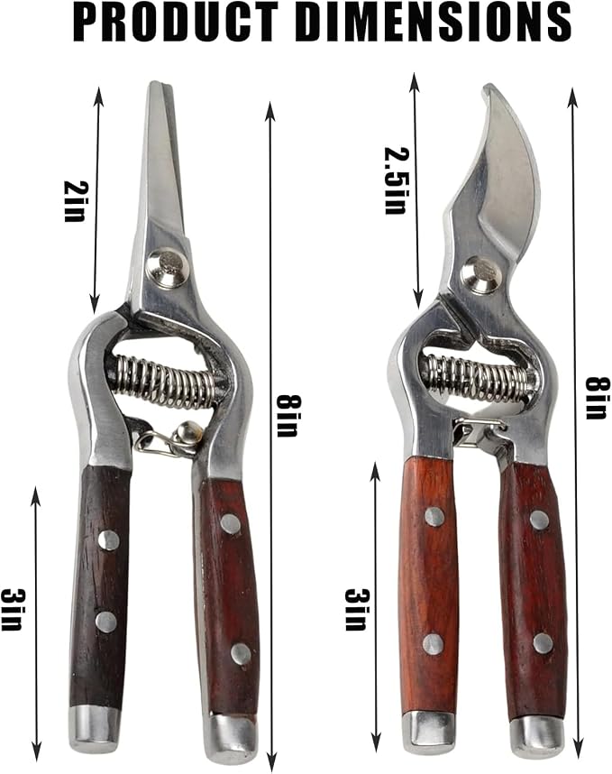 Garvee 2 Pack Garden Pruning Shears for Gardening, Wood Steel Handle Bypass Pruning Shears for Gardening, Curved Straight Garden Shears, Gardening Tools for Plants Flowers Light Branches