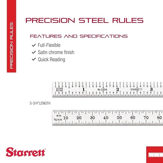 Starrett Full Flexible Steel Rule with Satin Chrome Finish, Quick Reading and Inch Graduation - 34 Graduation, 5-3/4" Length, 0.4mm Thickness - C334-150