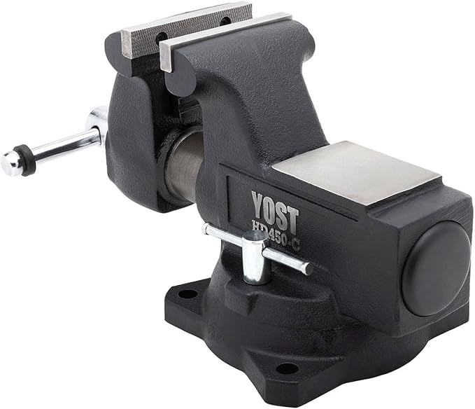 Yost HD450-C Heavy Duty 4-1/2 Inch Mechanics Work Bench Vise | Heavy Duty Woodworking & Metal Work Table with Secure Grip Swivel Base | 60,000 PSI Casting Iron Material with Extra-large Anvil Surface