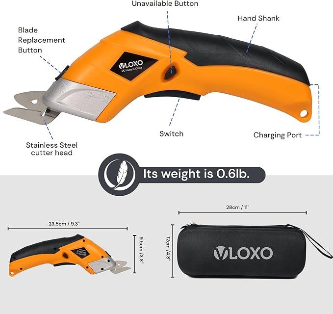 VLOXO Electric Scissors, Cordless Cardboard Cutter Power Fabric Scissors Mini Box Cutter with Blades Rechargeable Multi-Tool for Crafts Leather Cardboard Carpet Plastic Include Case Yellow CS4001