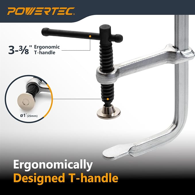 POWERTEC Heavy Duty 6" F Style Bar Clamps, 3-1/8" Throat Depth, 480 lb Clamping Force – Woodworking, Cabinetry, Welding & Workshop Use, 2 Pack (72338)