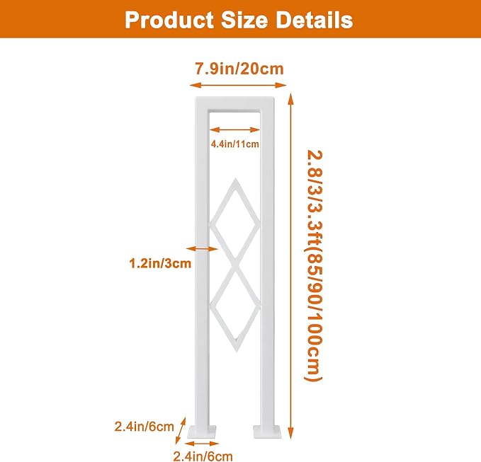 U-Shaped Stair Handrail, White Wrought Iron Hand Rails Decorative Railing for Indoor Stairs, Porch Deck Loft Corridor Safety Non-Slip Support Poles, with Diamond Pattern (White/2.8FT/85CM)