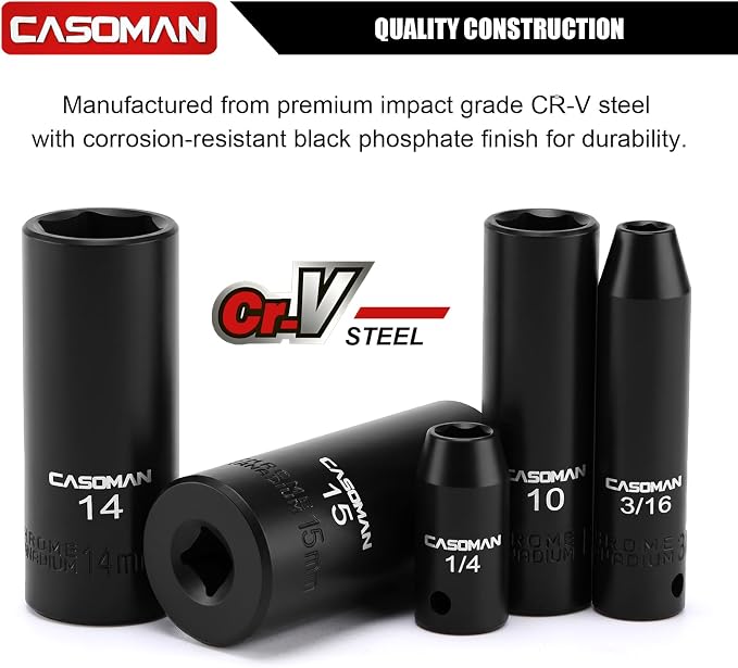 CASOMAN 1/4 Inch Drive Master Impact Socket Set, 50-Piece, 6-Point, SAE/Metric, 5/32 Inch - 9/16 Inch, 4mm - 15mm, Standard/Deep,CR-V
