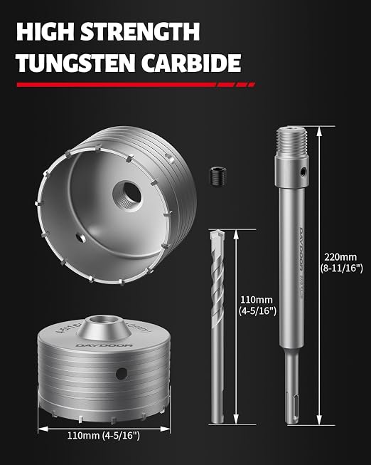 DAYDOOR 4-5/16" (110mm) Concrete Hole Saw with SDS Plus Shank Adapter, Tungsten Carbide Tipped Masonry Hole Saw, Heavy Duty Concrete Core Drill Bit for Brick, Cement Wall, and Stone