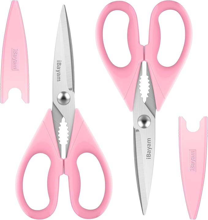 iBayam All Purpose Kitchen Scissors 2 Pack Heavy Duty Meat Food Poultry Shears with Protective Sheath, Dishwasher Safe, Soft-Grip Cute Aesthetic Gift for Women Mom Wife Her Couple Pastel Pink