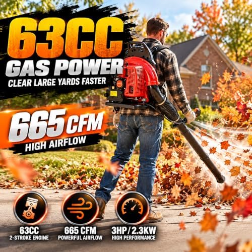 63cc Gas Backpack Leaf Blower, 665 CFM 3hp/2.3KW Engine Power Leaf Blower