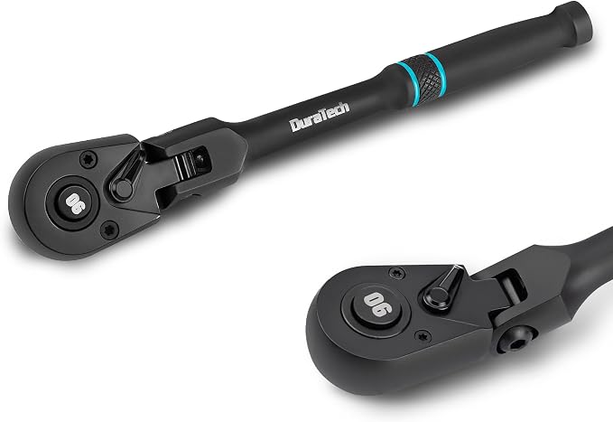 DURATECH 1/4-Inch Flex-Head Ratchet, 90-Tooth Quick-Release Ratchet Wrench | Socket Wrench with 180° Pivoting Head and 7-Position Setting, Reversible, CR-V Made, CR-MO Head, Black Mn Phosphate Finish