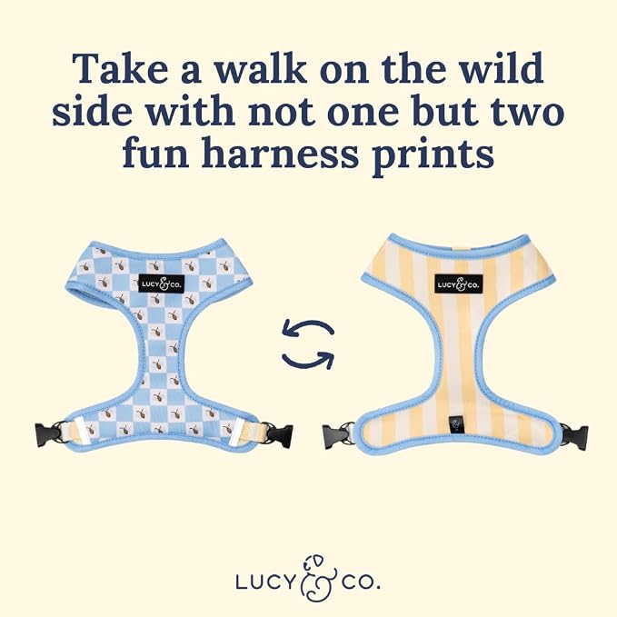 Lucy & Co. Reversible Dog Harness - Water-Repellent Neoprene, Dual-Print Design, Easy Swap Style, Adjustable Comfort Fit - Bumbling Around Reversible Harness - X-Large