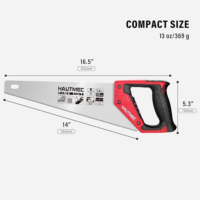 HAUTMEC 14" Hand Saw for Wood Cutting & Woodworking, 11 TPI Small Crosscut Handsaw with Triple-Ground Teeth, Fine Cut Saws for PVC, Plastic & Trees
