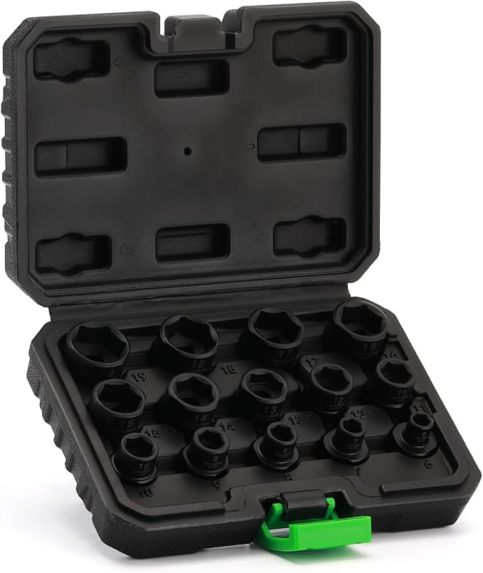TecoTek 14-Piece 3/8-Inch Drive Metric Low Profile Impact Socket Set, Stubby Socket Set, 6mm-19mm, No Skips Sizes, 6 Point, Cr-Mo, Shorter Socket for Tight Areas