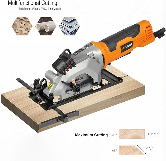 Power Circular Saw,4.8A Mini Circular Saw with Laser Guide,4000RPM Corded Saw Equipped with 3 Pcs 4-1/2" Blades，Maximum Cutting 1-11/16" at 90° and 1-1/8"at 45° for Wood, Soft Metal, Plastic