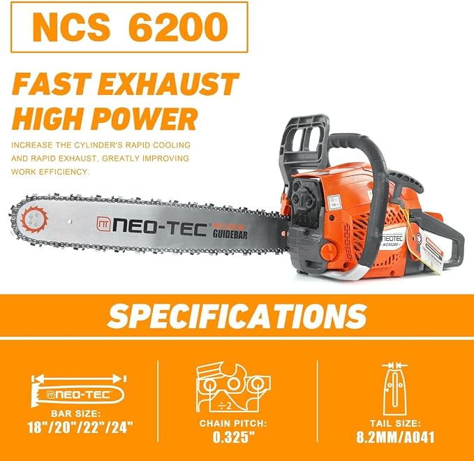 NEO-TEC 62cc 20 Inch Gas Powered Chainsaw 2-Cycle Petrol 3.5HP Handheld Reliable Motosierra De Gasolina for Tree Pruning Wood Cutting Firewood Preparation and Yard Maintenance