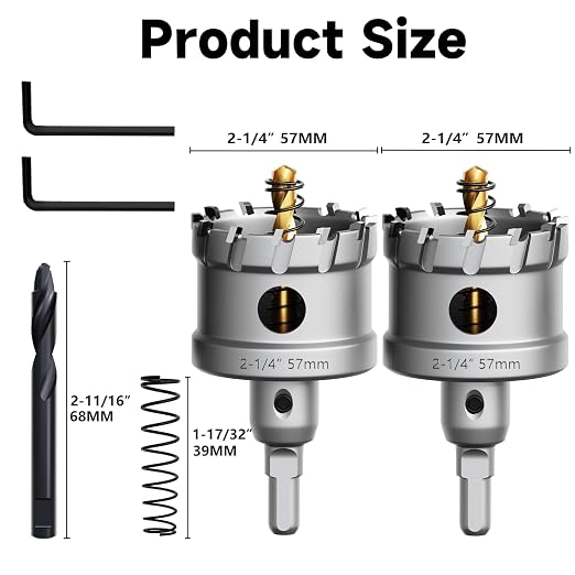 Metal Hole Saw 2-1/4''(57mm) 2Pcs Set Heavy Duty Tungsten Carbide Tipped Hole Cutters Set with a nitrided Step Drill and L-flench, for Steel Iron,Aluminum,Stainless stell
