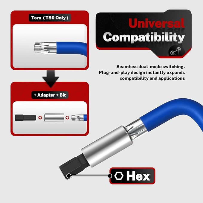 TOMMARS 9-PC Magnetic Torx Wrench Set, Color Coded T-Handle & Long Arm | Magnetic Head for Precision, TORX(T10-T50), Color Coded, Includes Screwdriver Bit Set & Adapter, S2 Steel