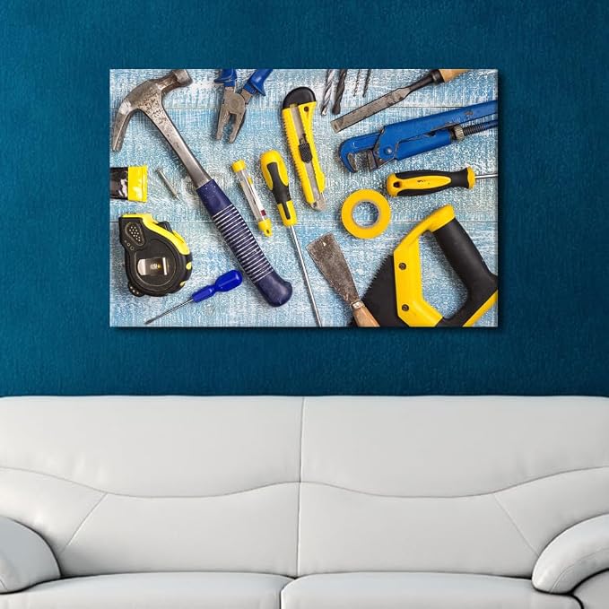 Large Wall Art for Living Room Repairman Maintenance and Housework Project Tools on Workshop Desk Top View Poster, Canvas Supermarket Hotel Tool Room Hardware Store Wall Decor 1 Panels (24"Wx36"H)