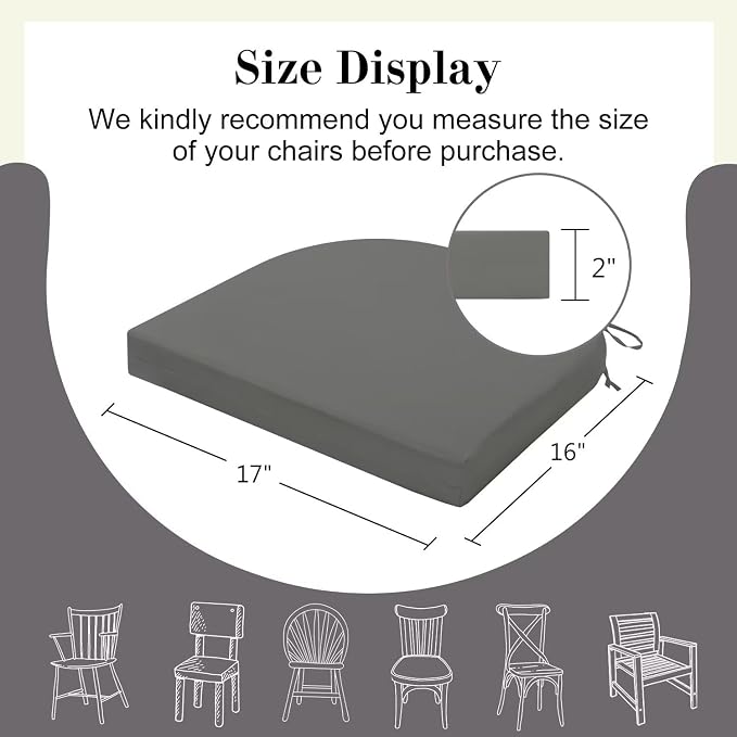 Cozyide Outdoor Chair Cushions, Waterproof Patio Seat Cushions with Adjustable Straps, Round Corner Patio Chair Cushions for Garden, Dark Grey, 17x16x2 Inch (Pack of 4)
