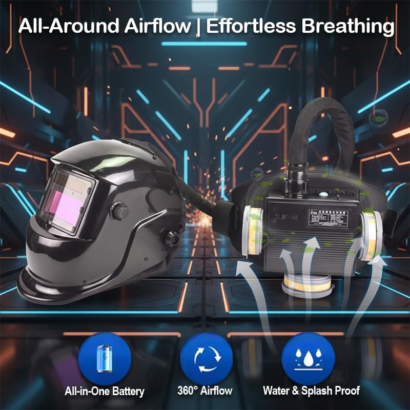 True Color Auto Darkening Welding Helmet with PAPR Respirator System, Large Viewing Screen Welding Hood with Fan for MIG TIG ARC, Powered Air Purifying Respirator Mask (Black)