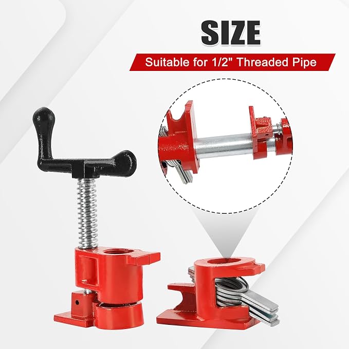 6 Pack 1/2 Inch Pipe Clamps, Wood Gluing Pipe Clamp Set, Heavy Duty Cast Iron Quick Release Pipe Clamps for Woodworking