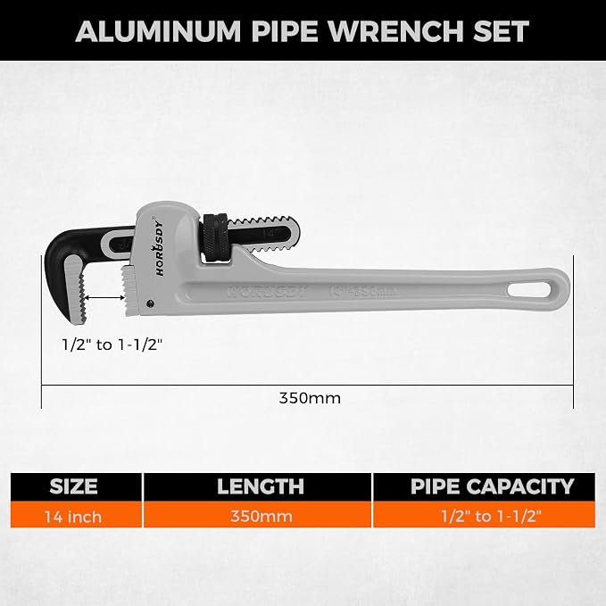 HORUSDY Pipe Wrench 14-Inch, Aluminum Heavy Duty Adjustable Straight Plumbing Pipe Wrench, 350mm, 1/2"–1-1/2" Capacity, Lightweight Gray Tool with Strong Grip for Pros, Maintenance & DIY
