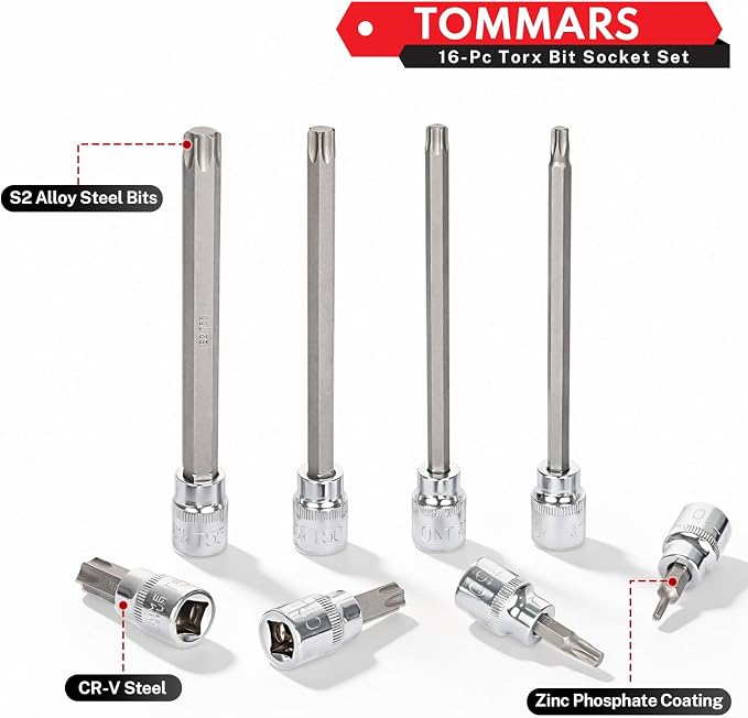 TOMMARS 16-Piece 3/8" Drive Conventional Torx Socket Set | T10, T15, T20, T25, T30, T40, T50, and T55, Long Torx Bit Socket Set ,S2 Alloy Steel