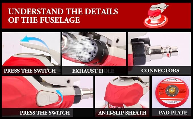 5/6 Inch Pneumatic Orbital Air Sander High-Speed DA Sander for auto body/Ideal for Woodworking, Auto Polishing, and Metal Sanding (6 inch)