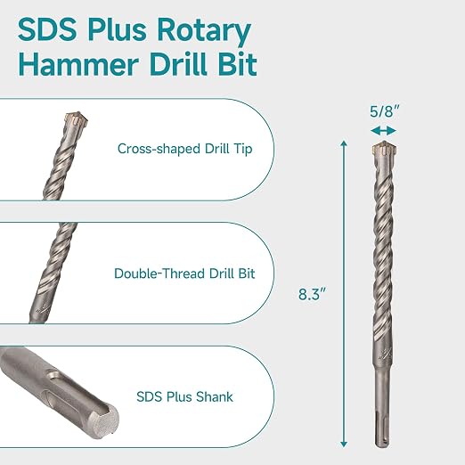 5/8 Inch x 8 Inch SDS Plus Rotary Hammer Drill Bit, Cross Tip Double Threaded Carbide Tipped for Concrete, Brick, and Stone (7/16" x 6" x 8")