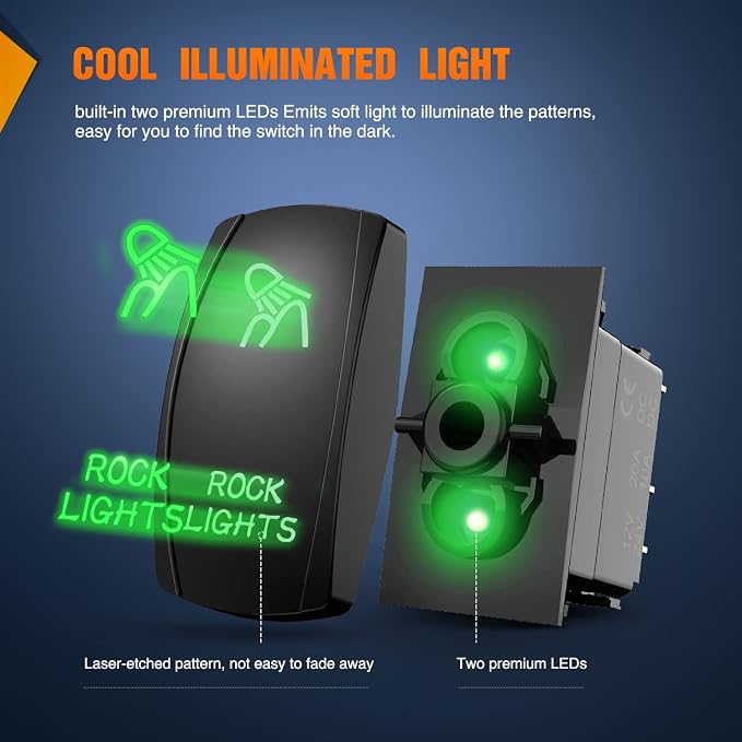 Nilight Rock Lights Rocker Switch Led Light Bar Switch 5Pin Laser On Off SPST switches 20A/12V 10A/24V Switch Green with Jumper Wires Set for Cars Trucks RVs,2 Years Warranty