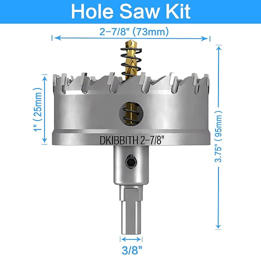 DKIBBITH TCT Hole Saw Set, 2-7/8"(73mm) Heavy Duty Tungsten Carbide Tipped Hole Cutters for Stainless Steel, Copper, Iron, Brass, Plastic with Titanium-Plated Pilot Drill Bits.