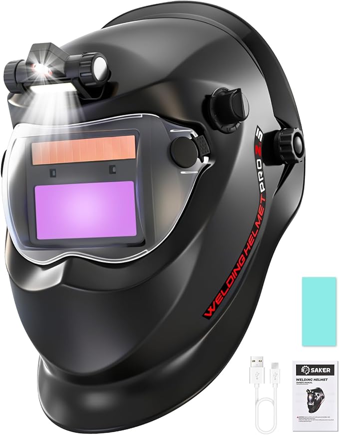 Saker Auto Darkening Welding Helmet with LED Light, 1/1/1/2 Optical Class, True Color View, Solar Powered with 2 Arc Sensors, Shade 9-13 Welding Mask for MIG, TIG, Stick Welding