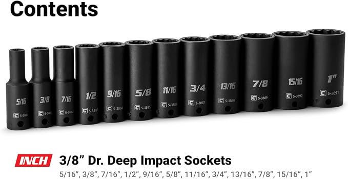 Capri Tools 3/8 in. Drive Deep Impact Socket Set, 12-Point, SAE, 5/16 to 1 in., 12-Piece