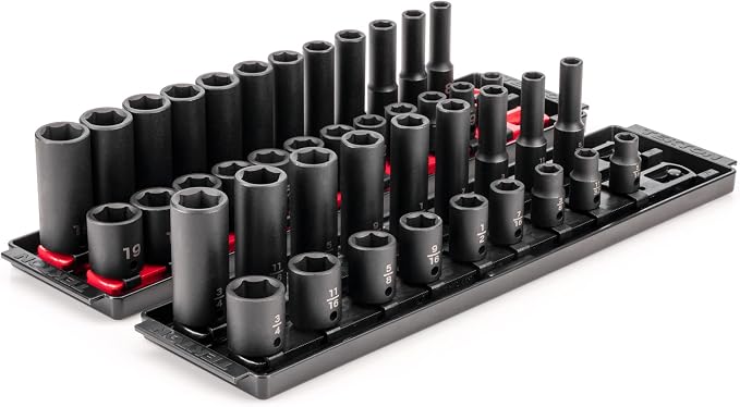 TEKTON 3/8 Inch Impact Socket Set, 42-Piece | SID91216 | (5/16 - 3/4 in., 8 - 19 mm), Shallow and Deep, 6-Point, Socket Rail