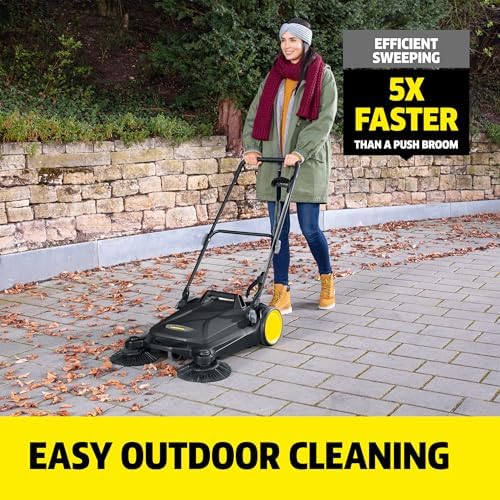 Kärcher Walk Behind Outdoor Push Sweeper S 4 Twin Go!Further for Workshops, Sidewalks, Driveways or Garages with Debris Grabber 5.25 Gallon Capacity, 26.8" Sweeping Width