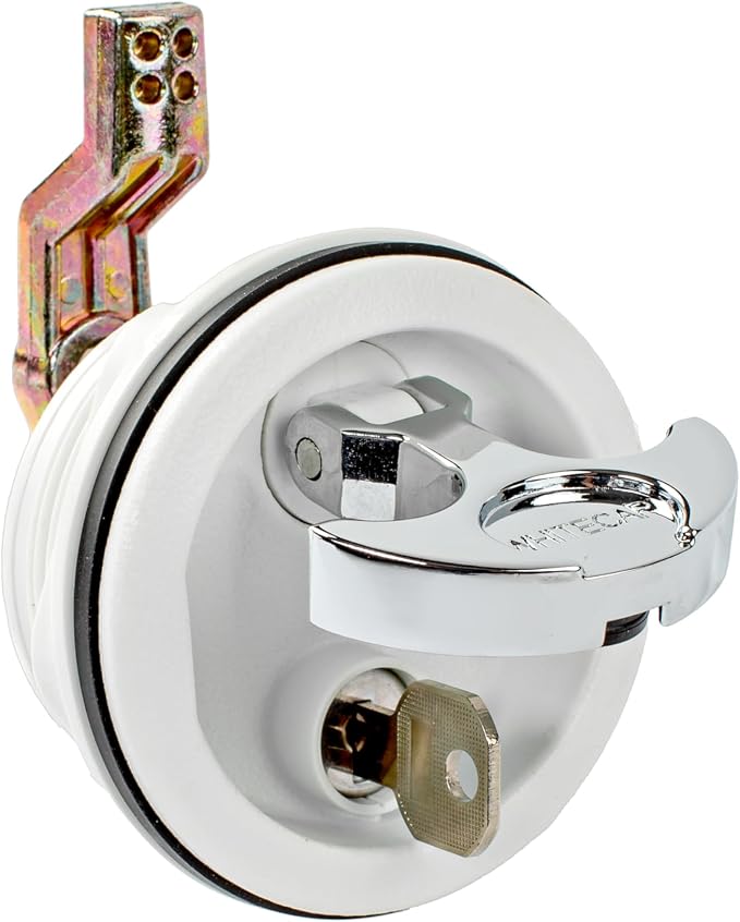 Whitecap T-Handle Latch - Chrome Plated Zamac/White Nylon - Locking - Freshwater Use Only | White nylon components, marine cabinet and furniture hardware, designed for freshwater boat use only
