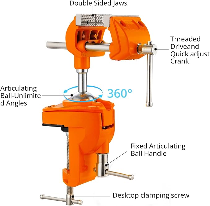 Bench Vise, 360° Swiveling Articulating Vise, Clamp-On Vise for Workbench, Cast Steel Table Clamp Vise, Pipe Vise, Bench Vice for Woodworking, DIY, Drilling, Sawing, Metal Working, Orange