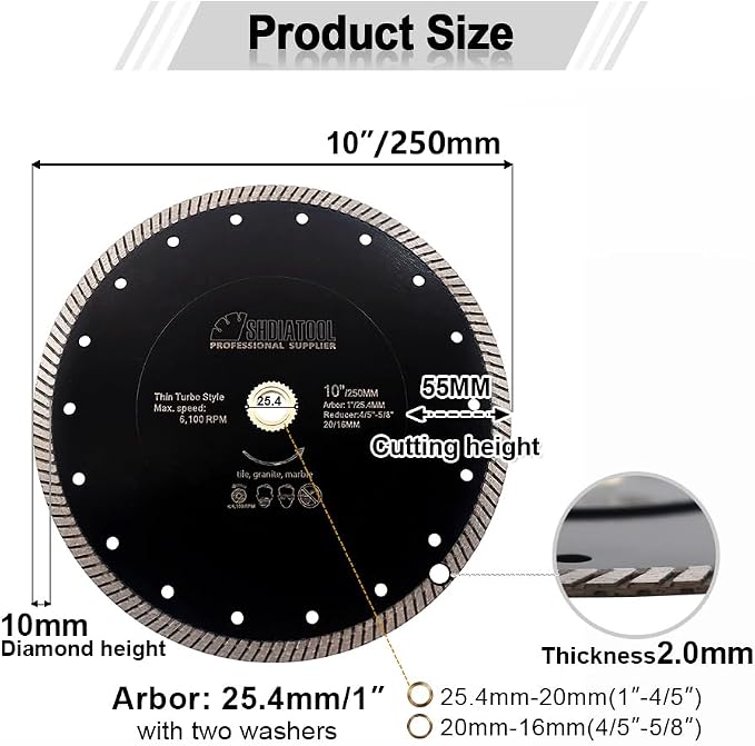 SHDIATOOL Diamond Turbo Blade 10 - Inch Super Thin Cutting Disc for Porcelain Ceramic Tile Granite Dia 250mm