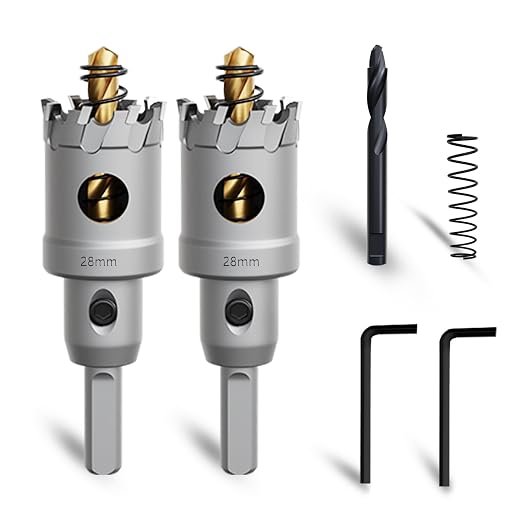 Metal Hole Saw 1-1/8"(28mm) 2Pcs Set Heavy Duty Tungsten Carbide Tipped Hole Cutters Set with a nitrided Step Drill and L-flench, for Steel Iron,Aluminum,Stainless stell