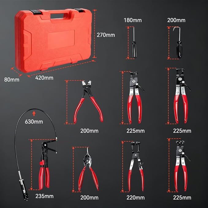 BARTOO 9pcs Hose Clamp Pliers Set, Hose Clamp Removal Tool for Automotive, Flexible Wire Long Reach Swivel Jaw Pliers for Fuel Oil Coolant Radiator Heater and Water Hose